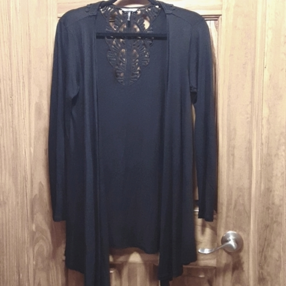 Open front Fancy Cardigan.  Black. Beautiful back cut out detail. Sm.